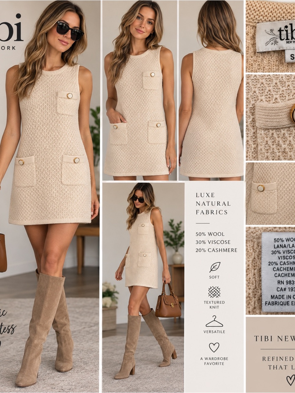 Tibi New York Wool Cashmere Knit Shift Dress Ivory Pockets Size S